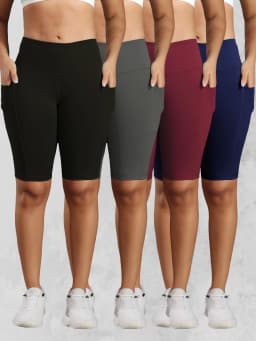 CHRLEISURE Women Solid Yoga Shorts with 3 Pockets High Waist Butt Lifting Workout Tights Gym Elastic Cycling Shorts Activewear