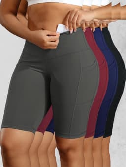 CHRLEISURE Women Solid Yoga Shorts with 3 Pockets High Waist Butt Lifting Workout Tights Gym Elastic Cycling Shorts Activewear