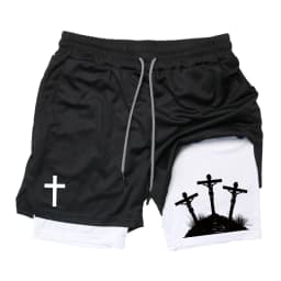 Print 2 in 1 Running Workout Shorts for Men Christian Gym Athletic Performance Shorts with Phone Pocket Towel Loop Activewear