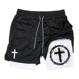 Print 2 in 1 Running Workout Shorts for Men Christian Gym Athletic Performance Shorts with Phone Pocket Towel Loop Activewear