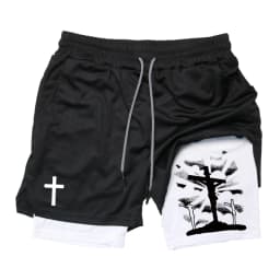 Print 2 in 1 Running Workout Shorts for Men Christian Gym Athletic Performance Shorts with Phone Pocket Towel Loop Activewear