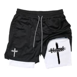 Print 2 in 1 Running Workout Shorts for Men Christian Gym Athletic Performance Shorts with Phone Pocket Towel Loop Activewear
