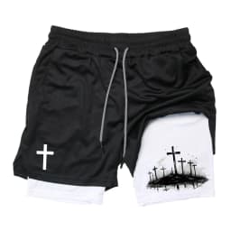 Print 2 in 1 Running Workout Shorts for Men Christian Gym Athletic Performance Shorts with Phone Pocket Towel Loop Activewear