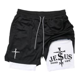 Print 2 in 1 Running Workout Shorts for Men Christian Gym Athletic Performance Shorts with Phone Pocket Towel Loop Activewear