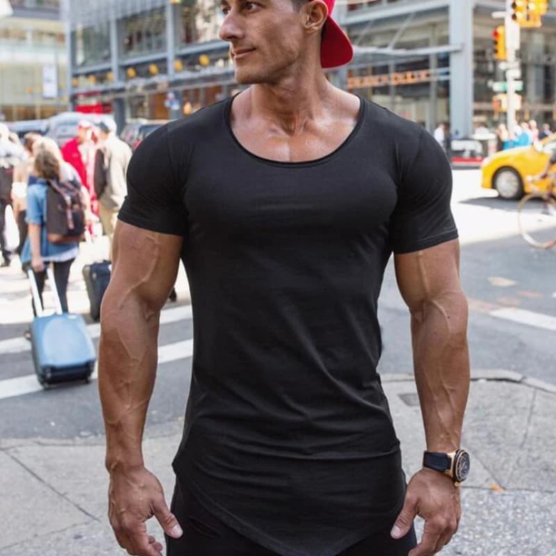 Solid Color Mens Running Sport Tee Tops Cotton Breathable Short Sleeve Slim Fit T-Shirt Gym Bodybuilding Fitness Training Shirt