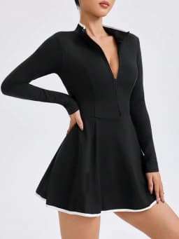 Women's solid color stand up collar zipper tennis skirt, outdoor sports skirt