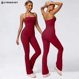 New Summer Women Sleeveless Hang Neck Jumpsuit Backless Flared Activewear Female Yoga Clothes Sport Outfit For Woman Overalls