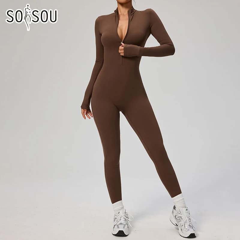 SOISOU Zipper Jumpsuit Women Quick Dry Clothing Sportswear Woman Gym Yoga Sport Sets Spandex Nylon Workout Sets Women Tracksuit