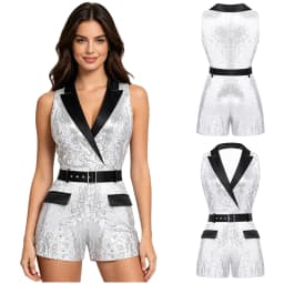 Women Hippie 70s Disco Costume Shiny Sequin Tassel Fringe Pants Retro Party One Piece Jumpsuit Prom Clubwear Latin Dancewear