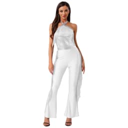 Women Hippie 70s Disco Costume Shiny Sequin Tassel Fringe Pants Retro Party One Piece Jumpsuit Prom Clubwear Latin Dancewear