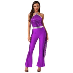 Women Hippie 70s Disco Costume Shiny Sequin Tassel Fringe Pants Retro Party One Piece Jumpsuit Prom Clubwear Latin Dancewear