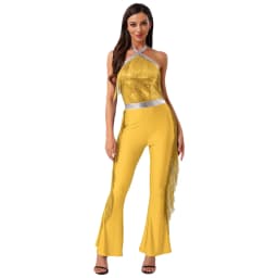 Women Hippie 70s Disco Costume Shiny Sequin Tassel Fringe Pants Retro Party One Piece Jumpsuit Prom Clubwear Latin Dancewear