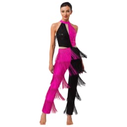 Women Hippie 70s Disco Costume Shiny Sequin Tassel Fringe Pants Retro Party One Piece Jumpsuit Prom Clubwear Latin Dancewear