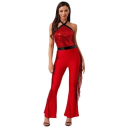 Women Hippie 70s Disco Costume Shiny Sequin Tassel Fringe Pants Retro Party One Piece Jumpsuit Prom Clubwear Latin Dancewear