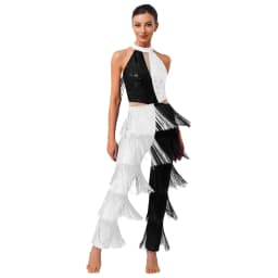Women Hippie 70s Disco Costume Shiny Sequin Tassel Fringe Pants Retro Party One Piece Jumpsuit Prom Clubwear Latin Dancewear