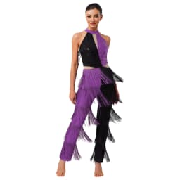 Women Hippie 70s Disco Costume Shiny Sequin Tassel Fringe Pants Retro Party One Piece Jumpsuit Prom Clubwear Latin Dancewear