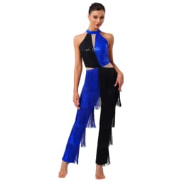 Women Hippie 70s Disco Costume Shiny Sequin Tassel Fringe Pants Retro Party One Piece Jumpsuit Prom Clubwear Latin Dancewear