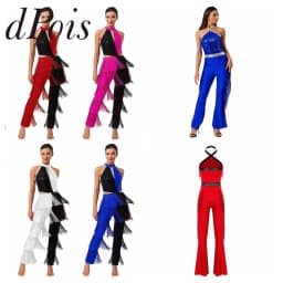 Women Hippie 70s Disco Costume Shiny Sequin Tassel Fringe Pants Retro Party One Piece Jumpsuit Prom Clubwear Latin Dancewear