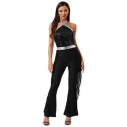 Women Hippie 70s Disco Costume Shiny Sequin Tassel Fringe Pants Retro Party One Piece Jumpsuit Prom Clubwear Latin Dancewear