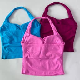 No Logo Seamless Halter Top Backless Longline Strappy Padded Gym Top Women Built-in Bra Removable Cups Activewear Yoga Tank Tops