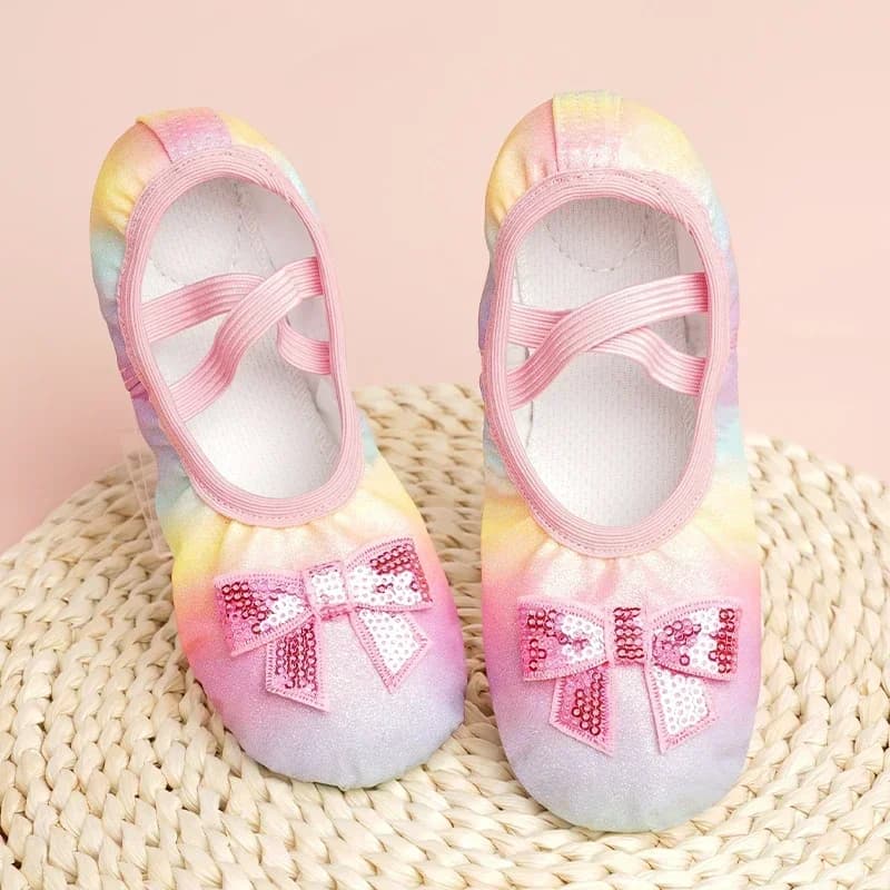 Children's Dance Shoes Girls Ballet Flats Shoes Rainbow Bow Sequins Leather Soft Soled Dance Performance Skate Sport Yoga Shoes
