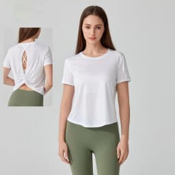 Women's Short Sleeve Yoga Top with Knot Back - Breathable Casual Athletic Wear for Gym, Fitness, Summer Workouts