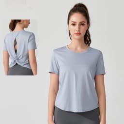 Women's Short Sleeve Yoga Top with Knot Back - Breathable Casual Athletic Wear for Gym, Fitness, Summer Workouts
