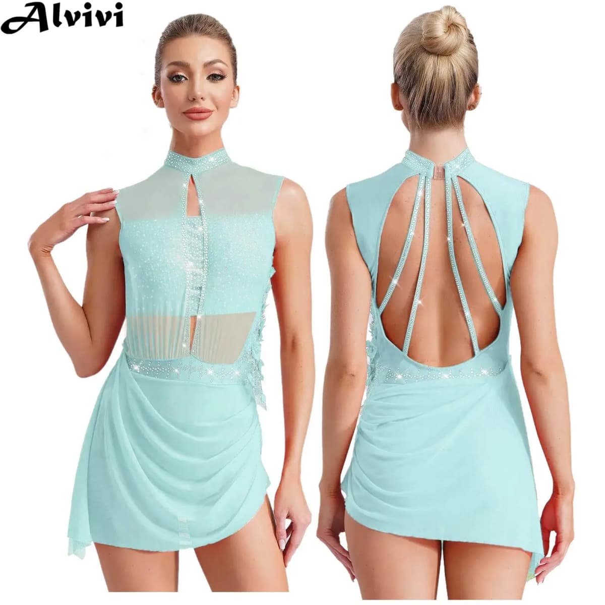 Women Figure Skating Dress Modern Lyrical Dance Gymnastics Acrobatics Clothes Sleeveless Shiny Rhinestones Mesh Leotard Tutu