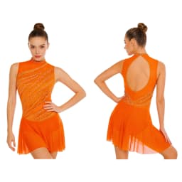 Women Figure Skating Dress Modern Lyrical Dance Gymnastics Acrobatics Clothes Sleeveless Shiny Rhinestones Mesh Leotard Tutu