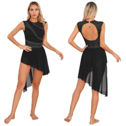 Women Figure Skating Dress Modern Lyrical Dance Gymnastics Acrobatics Clothes Sleeveless Shiny Rhinestones Mesh Leotard Tutu