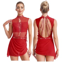 Women Figure Skating Dress Modern Lyrical Dance Gymnastics Acrobatics Clothes Sleeveless Shiny Rhinestones Mesh Leotard Tutu