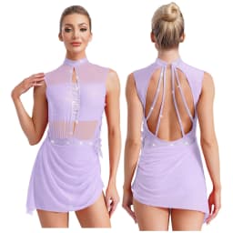Women Figure Skating Dress Modern Lyrical Dance Gymnastics Acrobatics Clothes Sleeveless Shiny Rhinestones Mesh Leotard Tutu