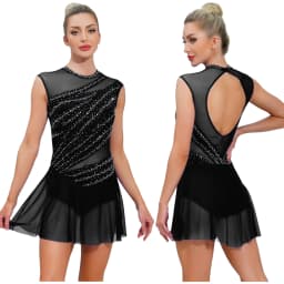 Women Figure Skating Dress Modern Lyrical Dance Gymnastics Acrobatics Clothes Sleeveless Shiny Rhinestones Mesh Leotard Tutu