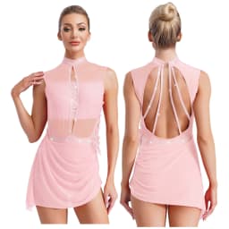 Women Figure Skating Dress Modern Lyrical Dance Gymnastics Acrobatics Clothes Sleeveless Shiny Rhinestones Mesh Leotard Tutu