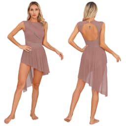 Women Figure Skating Dress Modern Lyrical Dance Gymnastics Acrobatics Clothes Sleeveless Shiny Rhinestones Mesh Leotard Tutu