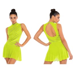 Women Figure Skating Dress Modern Lyrical Dance Gymnastics Acrobatics Clothes Sleeveless Shiny Rhinestones Mesh Leotard Tutu