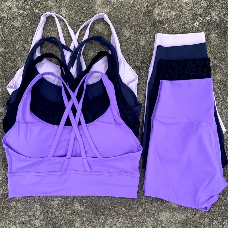 Solid Color Soft Women Gym Yoga Short Set Cross Back Shoulder Strap Gym Bra+High Waist Sport Short Leggings 2pc Tight Sportwear