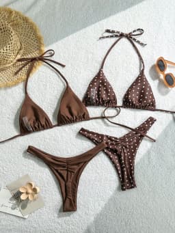 Retro polka dot and solid color triangle bikini set