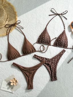 Retro polka dot and solid color triangle bikini set