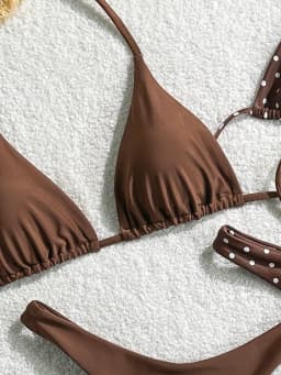 Retro polka dot and solid color triangle bikini set