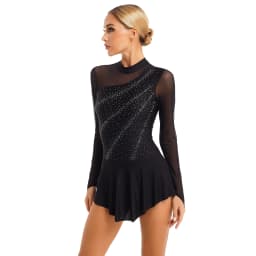 Women Figure Ice Skating Dance Dress Lyrical Dance Ballet Gymnastics Leotard Tutu Long Sleeve Mesh Shiny Rhinestone Dancewear