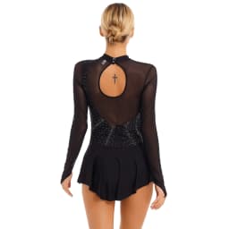 Women Figure Ice Skating Dance Dress Lyrical Dance Ballet Gymnastics Leotard Tutu Long Sleeve Mesh Shiny Rhinestone Dancewear
