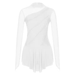 Women Figure Ice Skating Dance Dress Lyrical Dance Ballet Gymnastics Leotard Tutu Long Sleeve Mesh Shiny Rhinestone Dancewear