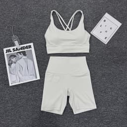 SOISOU Nylon Gym Yoga Set Women's Tracksuit Cycling Shorts Set Tight Elastic Short Chest Pad Removable Bra Womens Clothing