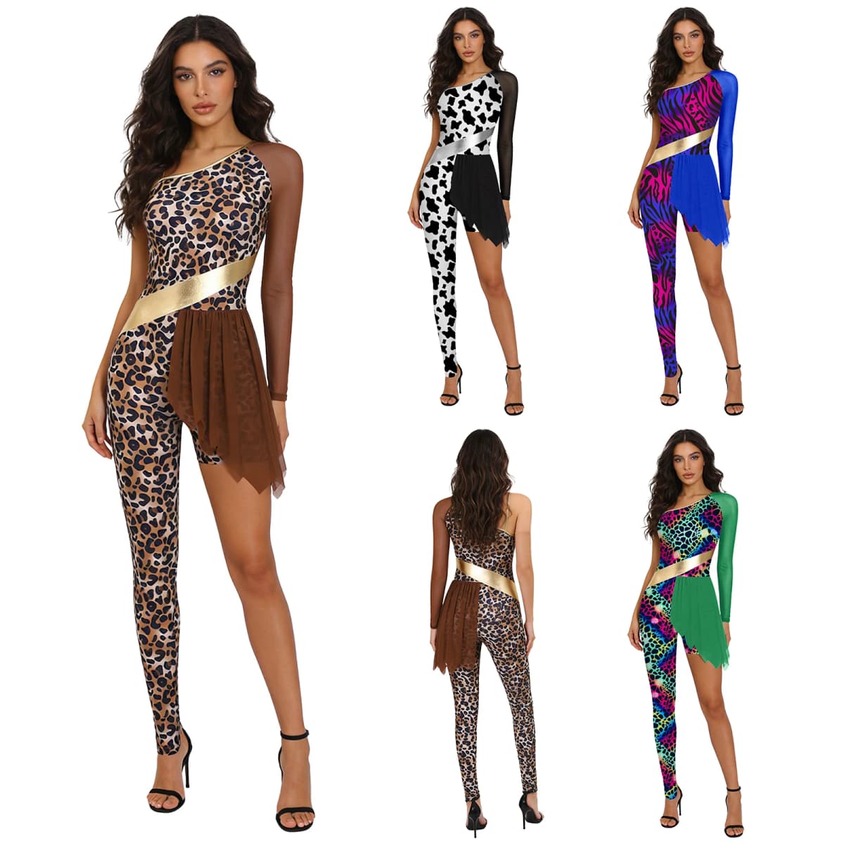 Women One Shoulder Leopard Caveman Gymnastics Ballet Dance Leotard Halloween Carnival Cavewoman Primitive Tribe Dress Up Costume