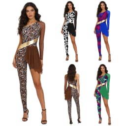 Women One Shoulder Leopard Caveman Gymnastics Ballet Dance Leotard Halloween Carnival Cavewoman Primitive Tribe Dress Up Costume