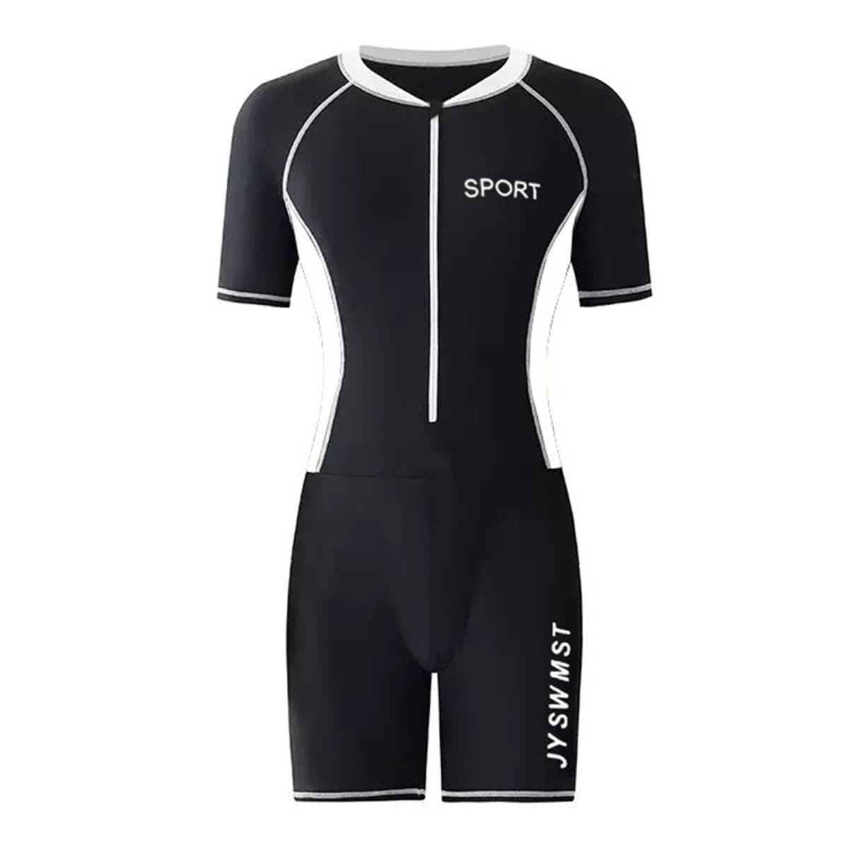 Men Summer One-Piece Swimsuit Color Block Bathing Suit Beach Swimwear Round Neck Short Sleeve Front Zipper Jumpsuit for Surf