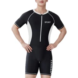 Men Summer One-Piece Swimsuit Color Block Bathing Suit Beach Swimwear Round Neck Short Sleeve Front Zipper Jumpsuit for Surf