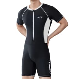Men Summer One-Piece Swimsuit Color Block Bathing Suit Beach Swimwear Round Neck Short Sleeve Front Zipper Jumpsuit for Surf