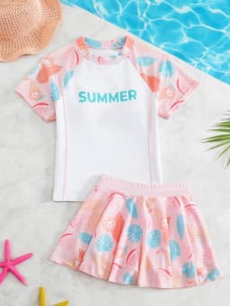 Girls Kids Swimsuit 2026 New Solid Print Mesh Short Skirt Children Swimwear Summer Two Piece Short Sleeve Beachwear Bathing Suit